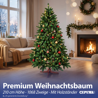 Premium Weihnachtsbaum künstlich – Naturgetreu dichte Zweige künstlicher Weihnachtsbaum mit Holzständer - Höhe 210 cm 1068 Zweige Aufbewahrungstasche