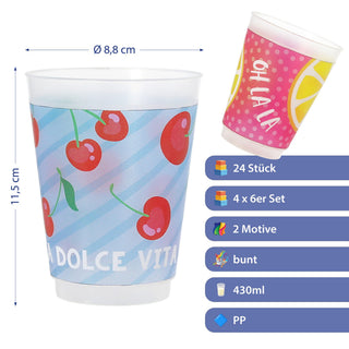 Plastikbecher 'DolceVita' 24er Set 2 Designs Ø8,8x11,5cm Kunststoff 430ml Partybecher Mehrweg Sommerdesgin robust leicht Trinkglas-Alternative