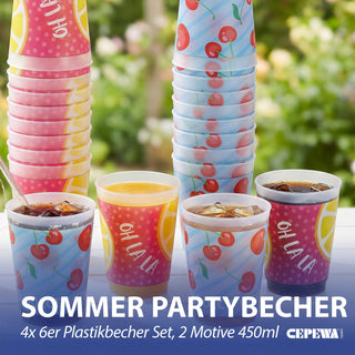 Plastikbecher 'DolceVita' 24er Set 2 Designs Ø8,8x11,5cm Kunststoff 430ml Partybecher Mehrweg Sommerdesgin robust leicht Trinkglas-Alternative