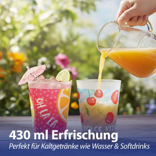 Plastikbecher 'DolceVita' 24er Set 2 Designs Ø8,8x11,5cm Kunststoff 430ml Partybecher Mehrweg Sommerdesgin robust leicht Trinkglas-Alternative