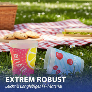 Plastikbecher 'DolceVita' 24er Set 2 Designs Ø8,8x11,5cm Kunststoff 430ml Partybecher Mehrweg Sommerdesgin robust leicht Trinkglas-Alternative