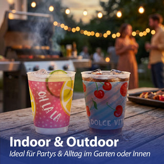 Plastikbecher 'DolceVita' 24er Set 2 Designs Ø8,8x11,5cm Kunststoff 430ml Partybecher Mehrweg Sommerdesgin robust leicht Trinkglas-Alternative