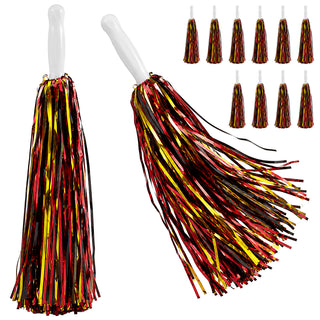 Pom Pons Deutschland 12er Set Kunststoff Cheerleader Schwarz Rot Gold Fanartikel Fussball WM EM Partyartikel Lametta-Look Partydeko