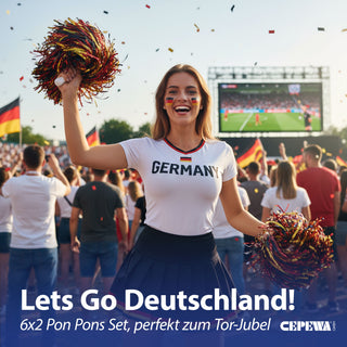 Pom Pons Deutschland 12er Set Kunststoff Cheerleader Schwarz Rot Gold Fanartikel Fussball WM EM Partyartikel Lametta-Look Partydeko