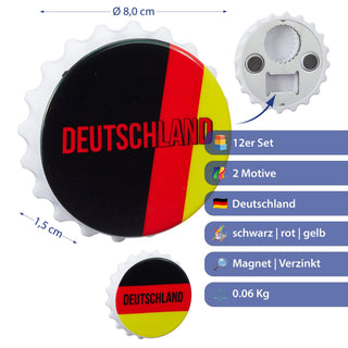 Flaschenöffner Deutschland 12er Set 2 Motive Ø8cm schwarz rot gold ABS Metall magnetisch Kronkorken Bieröffner Kühlschrankmagnet