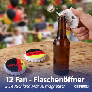 Flaschenöffner Deutschland 12er Set 2 Motive Ø8cm schwarz rot gold ABS Metall magnetisch Kronkorken Bieröffner Kühlschrankmagnet