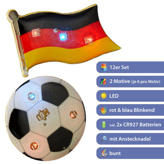 12er Set LED Blinki Deutschland 2 Motive Fussball Fahne blinkt rot und blau Anstecknadel Magnet Partyzubehör WM EM Leuchtdekoration