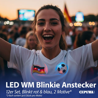 12er Set LED Blinki Deutschland 2 Motive Fussball Fahne blinkt rot und blau Anstecknadel Magnet Partyzubehör WM EM Leuchtdekoration
