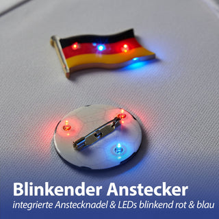 12er Set LED Blinki Deutschland 2 Motive Fussball Fahne blinkt rot und blau Anstecknadel Magnet Partyzubehör WM EM Leuchtdekoration