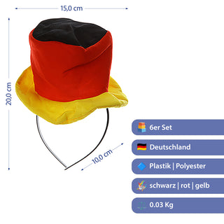 Haarreif Mini-Hut Deutschland 6er Set schwarz rot gold Kunststoff Polyester 15x20x10cm Fanaccessoire WM EM Fussball Deutschlandfan