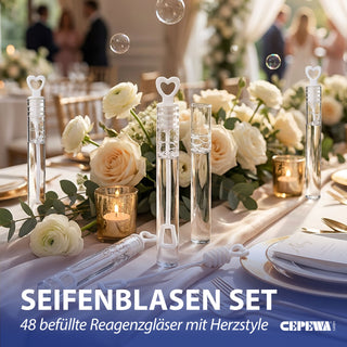 Seifenblasen Hochzeit 'Wedding Bubbles' 48er Set 15x12x12,5cm Kunststoff Lösung Röhrchen mit Herzgriff Hochzeitsdeko Herzdesign Partyzubehör
