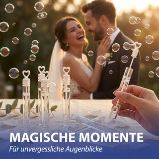 Seifenblasen Hochzeit 'Wedding Bubbles' 48er Set 15x12x12,5cm Kunststoff Lösung Röhrchen mit Herzgriff Hochzeitsdeko Herzdesign Partyzubehör