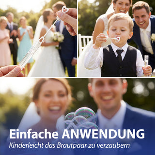 Seifenblasen Hochzeit 'Wedding Bubbles' 48er Set 15x12x12,5cm Kunststoff Lösung Röhrchen mit Herzgriff Hochzeitsdeko Herzdesign Partyzubehör
