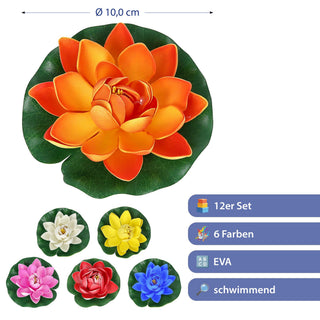 Seerose Floating 12er Set PVC Ø10x6cm 6 Farben schwimmende Dekoblume Schwimmdeko Seerosenblüte Teichdekoration wasserfest