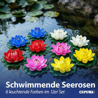 Seerose Floating 12er Set PVC Ø10x6cm 6 Farben schwimmende Dekoblume Schwimmdeko Seerosenblüte Teichdekoration wasserfest