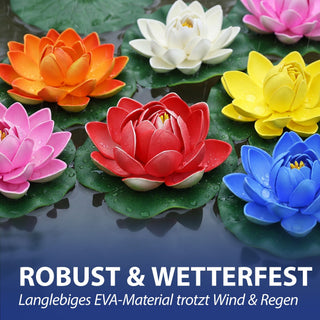 Seerose Floating 12er Set PVC Ø10x6cm 6 Farben schwimmende Dekoblume Schwimmdeko Seerosenblüte Teichdekoration wasserfest