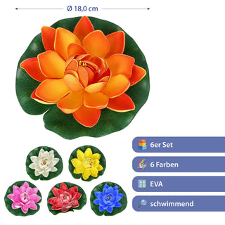 Seerose Floating 6er Set PVC Ø18x7cm 6 Farben schwimmende Dekoblume Schwimmdeko Seerosenblüte Teichdekoration wasserfest