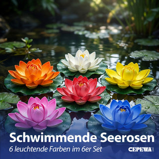Seerose Floating 6er Set PVC Ø18x7cm 6 Farben schwimmende Dekoblume Schwimmdeko Seerosenblüte Teichdekoration wasserfest