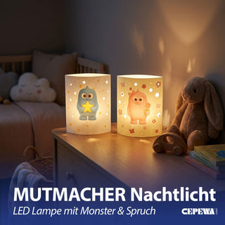 LED Nachtlicht Mutmacher 2er Set 13x16x5cm Papier 2 Motive warmweiß Timerfunktion batteriebetrieben Dekoleuchte Papierlampe Schlummerlicht