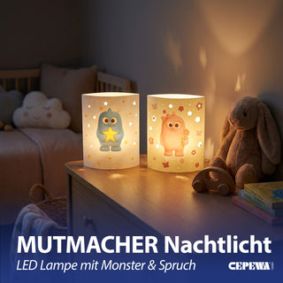 LED Nachtlicht Mutmacher 2er Set 13x16x5cm Papier 2 Motive warmweiß Timerfunktion batteriebetrieben Dekoleuchte Papierlampe Schlummerlicht