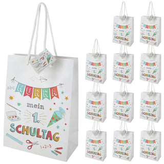 Geschenktüte '1. Schultag' 12er Set 25x33x12cm Papier 128g/m² weiß matt beidseitig bedruckt Schulanfang Henkel Geschenkanhänger