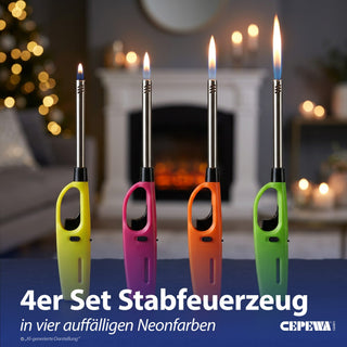 4x Stabfeuerzeug BASIC/NEON Set 4 Farben ABS Eisen Edelstahl 3,5x23x2cm nachfüllbar regulierbare Flamme Sturmfeuerzeug Feueranzünder