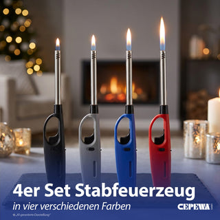 4x Stabfeuerzeug BASIC/NEON Set 4 Farben ABS Eisen Edelstahl 3,5x23x2cm nachfüllbar regulierbare Flamme Sturmfeuerzeug Feueranzünder