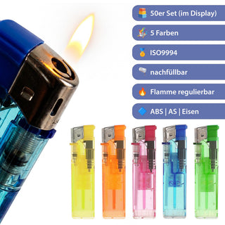 Elektronik Feuerzeug 50 Stück 5 Farben transparent Kunststoff Eisen 2,4x8x1,1cm Feuerzeug nachfüllbar regulierbare Flamme Feueranzünder