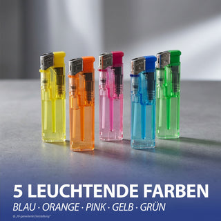 Elektronik Feuerzeug 50 Stück 5 Farben transparent Kunststoff Eisen 2,4x8x1,1cm Feuerzeug nachfüllbar regulierbare Flamme Feueranzünder