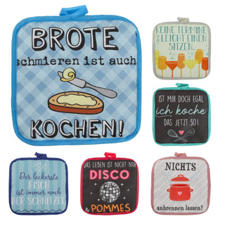 Topflappen Sprüche 6er Set 18x18x0,5cm Polyester Baumwolle mehrfarbig Hitzeschutz Küchenhelfer Kochzubehör Aufhängeschlaufe