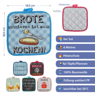 Topflappen Sprüche 6er Set 18x18x0,5cm Polyester Baumwolle mehrfarbig Hitzeschutz Küchenhelfer Kochzubehör Aufhängeschlaufe
