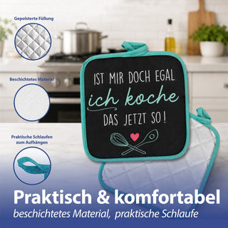 Topflappen Sprüche 6er Set 18x18x0,5cm Polyester Baumwolle mehrfarbig Hitzeschutz Küchenhelfer Kochzubehör Aufhängeschlaufe