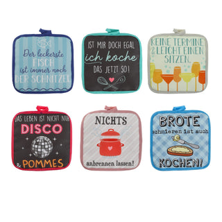 Topflappen Sprüche 6er Set 18x18x0,5cm Polyester Baumwolle mehrfarbig Hitzeschutz Küchenhelfer Kochzubehör Aufhängeschlaufe