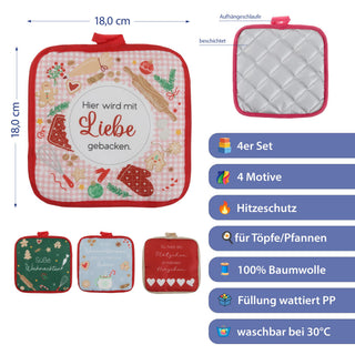 Topflappen Weihnachten 4er Set 18x18x0,5cm Polyester Baumwolle mehrfarbig Hitzeschutz Küchenhelfer Kochzubehör Aufhängeschlaufe