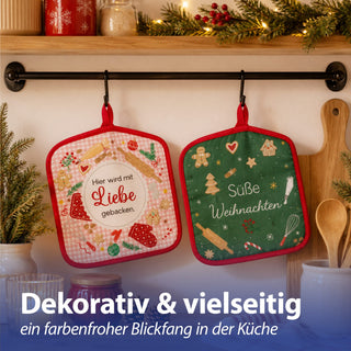 Topflappen Weihnachten 4er Set 18x18x0,5cm Polyester Baumwolle mehrfarbig Hitzeschutz Küchenhelfer Kochzubehör Aufhängeschlaufe