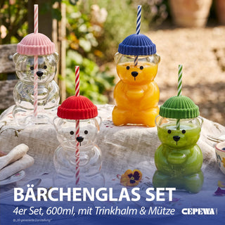 Trinkglas Bär mit Mütze 4er Set Glastrinkhalm Füllmenge 600ml 10x17cm rosa rot grün blau Motivglas Getränkebecher Garten Picknick