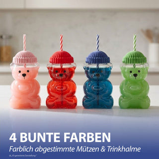 Trinkglas Bär mit Mütze 4er Set Glastrinkhalm Füllmenge 600ml 10x17cm rosa rot grün blau Motivglas Getränkebecher Garten Picknick