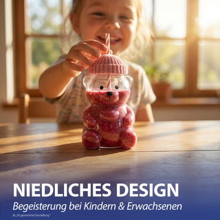 Trinkglas Bär mit Mütze 4er Set Glastrinkhalm Füllmenge 600ml 10x17cm rosa rot grün blau Motivglas Getränkebecher Garten Picknick