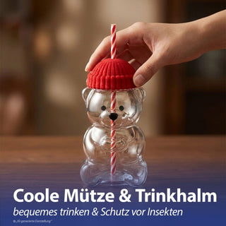 Trinkglas Bär mit Mütze 4er Set Glastrinkhalm Füllmenge 600ml 10x17cm rosa rot grün blau Motivglas Getränkebecher Garten Picknick