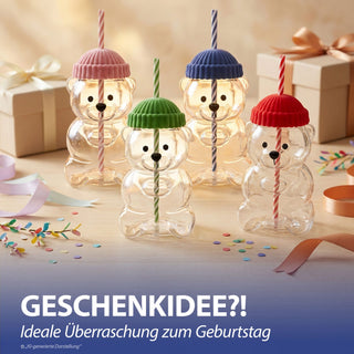 Trinkglas Bär mit Mütze 4er Set Glastrinkhalm Füllmenge 600ml 10x17cm rosa rot grün blau Motivglas Getränkebecher Garten Picknick