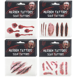 Halloween Tattoo auf 12 Bogen 6x10,5cm Polyesterfolie temporär Narben Wunden Kratzer Schnitte Nähte Hauttattoos temporär Horroparty Kostümzubehör