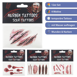 Halloween Tattoo auf 12 Bogen 6x10,5cm Polyesterfolie temporär Narben Wunden Kratzer Schnitte Nähte Hauttattoos temporär Horroparty Kostümzubehör