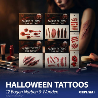 Halloween Tattoo auf 12 Bogen 6x10,5cm Polyesterfolie temporär Narben Wunden Kratzer Schnitte Nähte Hauttattoos temporär Horroparty Kostümzubehör