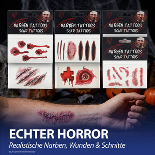 Halloween Tattoo auf 12 Bogen 6x10,5cm Polyesterfolie temporär Narben Wunden Kratzer Schnitte Nähte Hauttattoos temporär Horroparty Kostümzubehör
