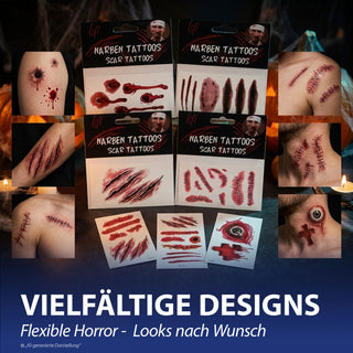 Halloween Tattoo auf 12 Bogen 6x10,5cm Polyesterfolie temporär Narben Wunden Kratzer Schnitte Nähte Hauttattoos temporär Horroparty Kostümzubehör