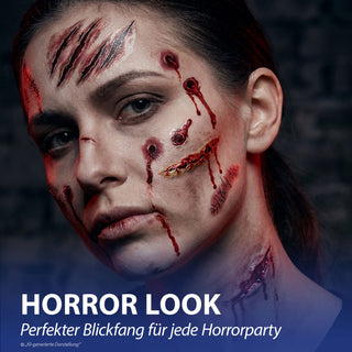 Halloween Tattoo auf 12 Bogen 6x10,5cm Polyesterfolie temporär Narben Wunden Kratzer Schnitte Nähte Hauttattoos temporär Horroparty Kostümzubehör