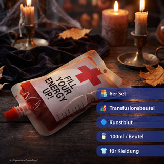 Halloween Kunstblut Transfusionsbeutel 6er Set 100ml Fakeblut zur Verwendung auf Kleidung Theaterblut Vampir Kostüm Horrorparty
