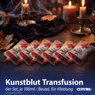 Halloween Kunstblut Transfusionsbeutel 6er Set 100ml Fakeblut zur Verwendung auf Kleidung Theaterblut Vampir Kostüm Horrorparty