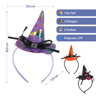 Haarreif Hexenhut 12er Set rot lila orange Kunststoff Polyester 13x20x11cm Halloween-Party Kopfschmuck Mini-Hut Hexendeko Kostümzubehör