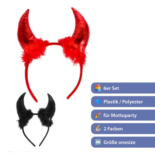 Haarreif Teufel 6er Set rot schwarz Kunststoff Polyester Halloween-Party Kopfschmuck Kostümzubehör Teufelshörner Kopfschmuck Partyaccessoire